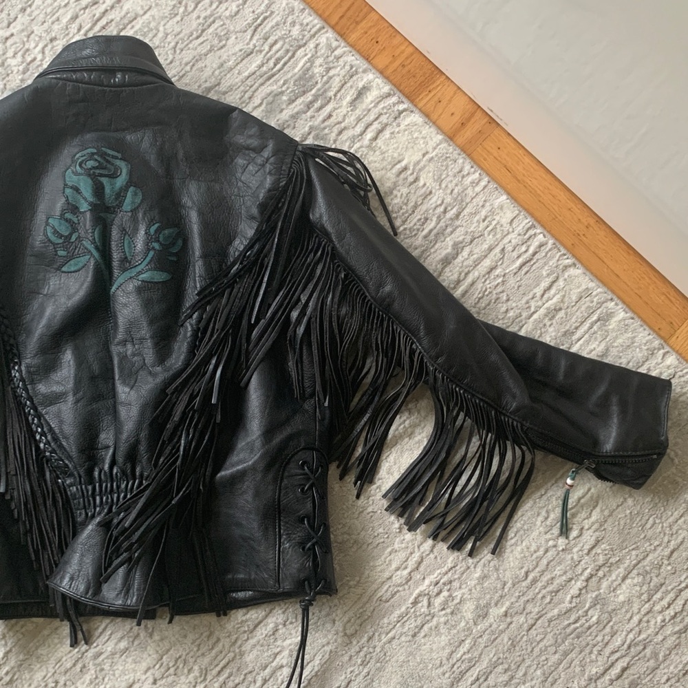 🖤⚡️Vintage Black Leather Fringe Jacket with Suede Roses ⚡️🖤